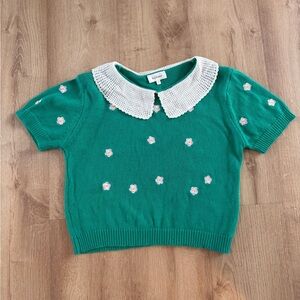Green Floral Knit Top with White Peter Pan Collar Bohme Size Medium